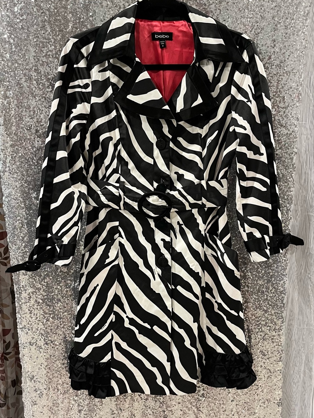 bebe Black & White Zebra-Print Long Sleeve Trench Dress